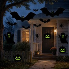16 PCS Halloween Decor Set - Glowing Bats, Spiders, Ghosts  Pumpkins for Indoor