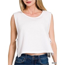 White cotton double gauze side-tie top