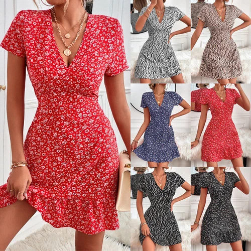 Women Summer Dress V Neck Dresses Floral Seaside Holiday Mini Dress Sundress