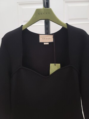 GUCCI Black Dress Square Neck Stretch Bodycon Size L Large