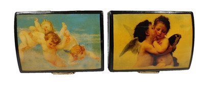 Vintage Lacquer Jewelry Trinket Box Case Cherubs Cupid Puties Art Print Lot of 2