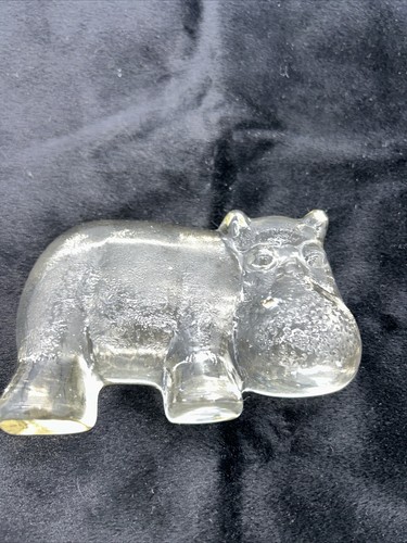 Vtg MCM Hippo Art Glass Paperweight Clear Hippopotamus Lays Flat & Stands Viking