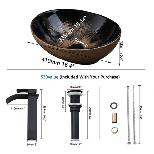 Oval Ceramic Bathroom Sink Black Waterfall Deck Mount Mixer Brass Taps Set Drain - Picture 2 of 7