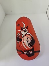 1950s Vintage HALLOWEEN Tin Litho RATCHET Noisemaker U.S. METAL TOY Co OWL w/JOL