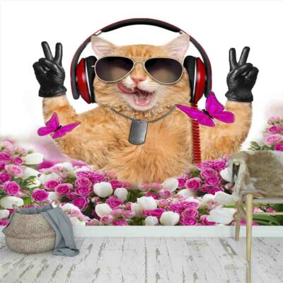 Black Headset Cat 3D Full Wall Mural Photo Wallpaper Printing Home Kids Decor