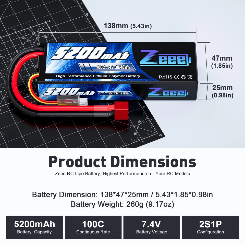 2x Zeee 2S 7,4V Lipo Akku Batterie T Stecker 5200mAh 100C für RC Fahrzeuge Auto - Bild 3 von 4