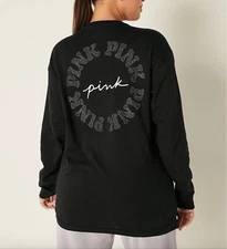 VICTORIA'S SECRET PINK CAMPUS LONG SLEEVE CREW TEE RHINESTONE LOGO size L