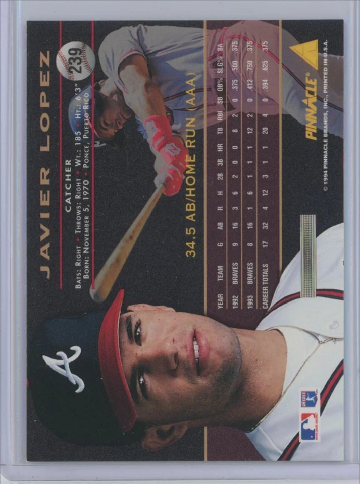 1994 Pinnacle Javier Lopez . Atlanta Braves #239 - Image 2 of 2