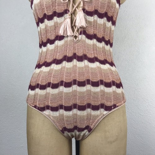 SUBOO l M Boho Ombré Metallic Zig-Zag Knit Lace-up Tassel Tie One Piece Swimsuit - Picture 3 of 10