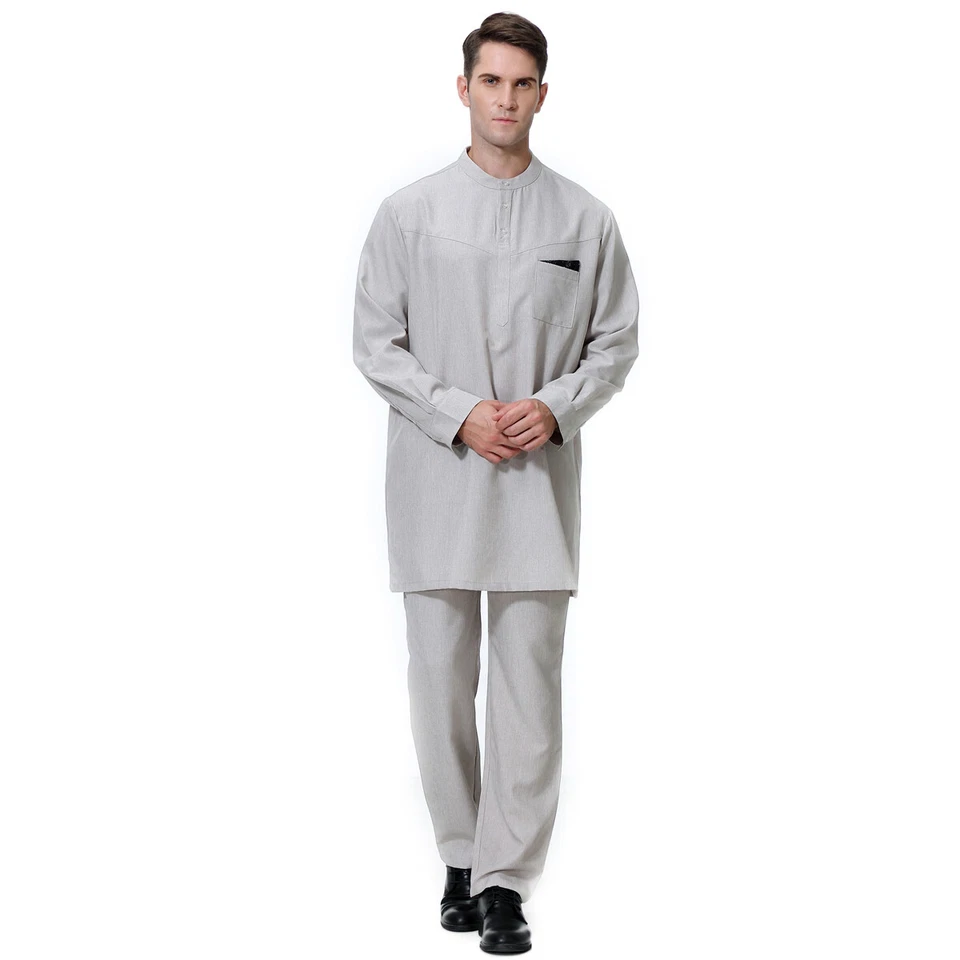 Hombres Thobe Jubba Dos Piezas Hombres Kaftan Top Pantalón Largo Conjunto Musulmán Hombres Bata Dishdasha Foto 4 de 4