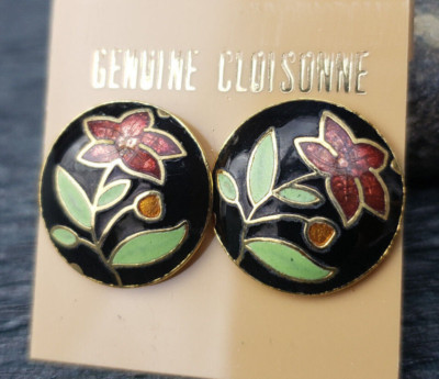 Cloisonne Champleve Enamel Small Round Red Floral & Leaves Pierced Earrings
