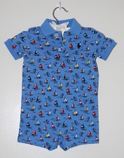 NWT Polo Ralph Lauren Infant Boys Blue Pique Sailboat Print SS Romper sz 6M