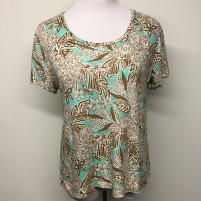 Paradise Shores Womens Short Sleeve Shirt Top Sz L Tropical Aqua Brown White 