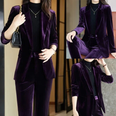 Purple Velvet Women s 2 Pieces Suits Formal Ladies Office Evening Party Outfits