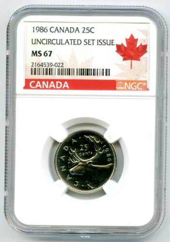 1986 CANADA 25 CENT NGC MS67 CARIBOU QUARTER RED MAPLE LEAF LABEL