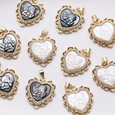 1pcs Shell Heart Pendant With Cupid Pattern,Cubic Zirconia Lace Love Heart Charm