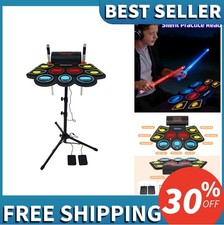 Kids Electronic Drum Set 9 Pad Roll Up Stand Light Up Drumsticks Double Pedal