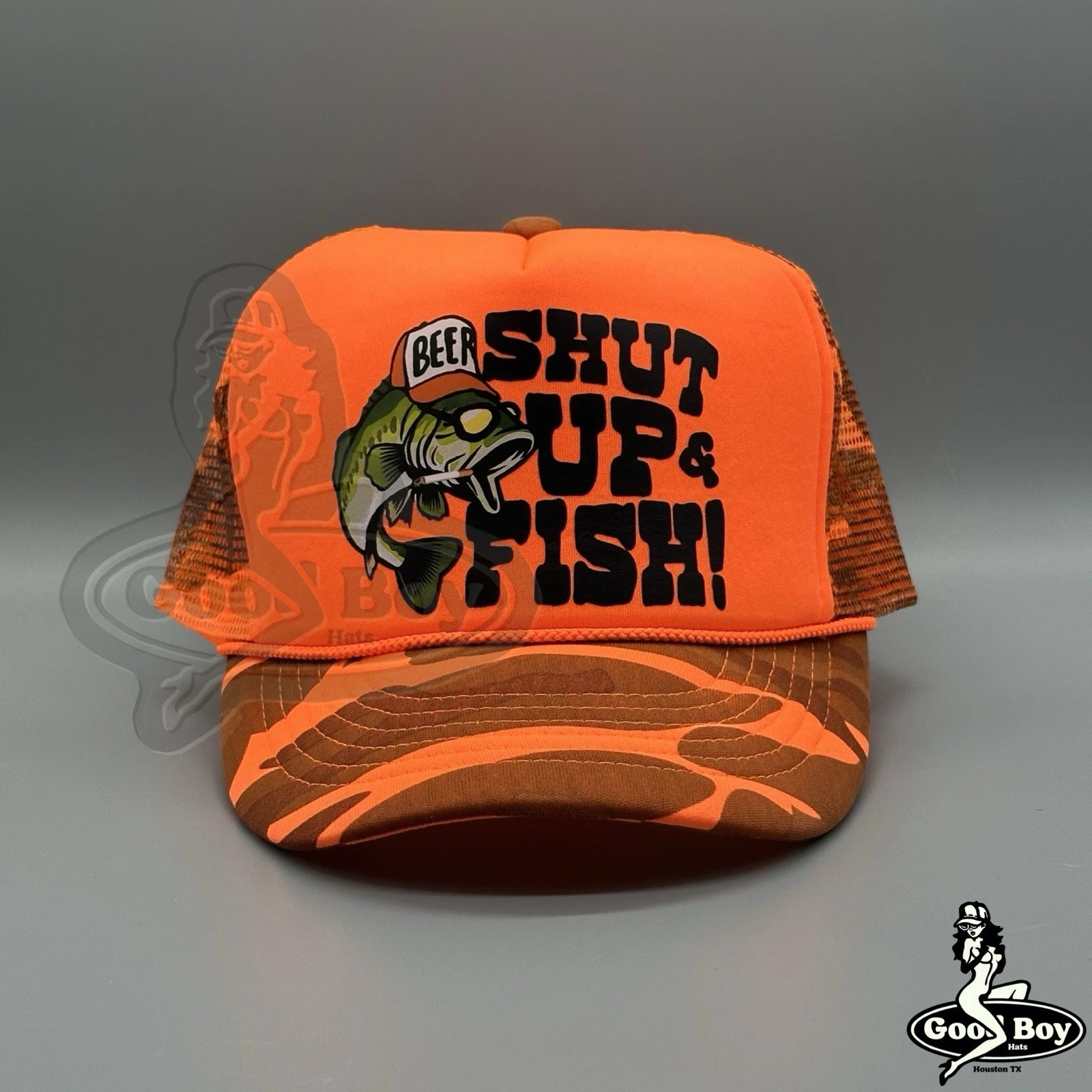 Shut Up & Fish Hat Vintage Retro Neon Orange Camo Mesh Trucker Rope Hat Cap
Opens in a new window or