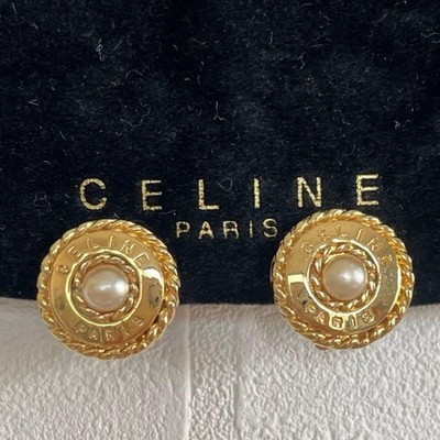 CELINE Pearl Gold Logo Engraved Clip On Earrings Vintage France Rare