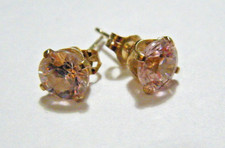 Signed 14K Yellow Gold 6mm Round Cut Pink CZ Ladies Stud Earrings