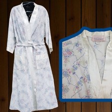 Vintage Vandemere Light Flannel Robe Womens Med Blue Floral White Satin Trim