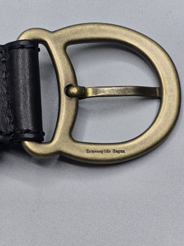 Mens Ermenegildo Zegna Black Italian Leather Belt Medium Brass Buckle - Picture 8 of 16
