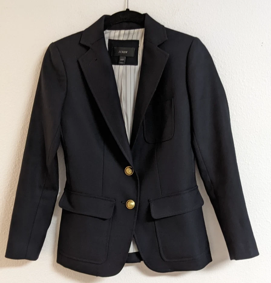 Women's J.CREW 100% Wool Navy Blue SCHOOLBOY 2 Button Blazer 00 Petite