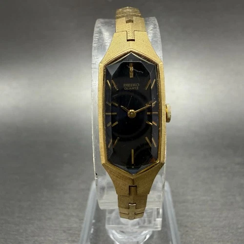 Seiko Watch Women 13mm Blue Dial Gold Tone Hexagon 1320-5339 New Battery VTG