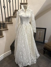 Vintage 1950s Lace Wedding Dress High Neck Button Back Long Sleeve Bridal Gown