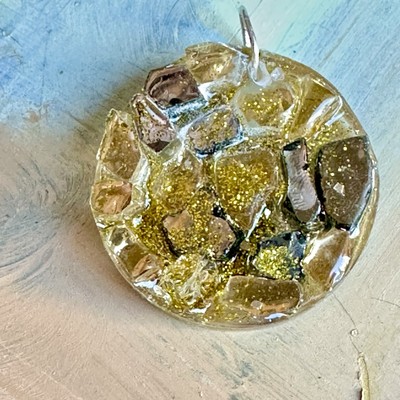 Handmade Pendant Unique Fire Glass Unique Sparkly Resin Disc  2  Art OOAK 0730 Y