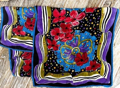 Vintage Vera Neumann 80 90 Geometrisch Blumen Chiffon Seide Schal Blau Schwarz 51"