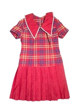 Vintage 60s 70s Red Plaid Pleated Dress Peter Pan Collar