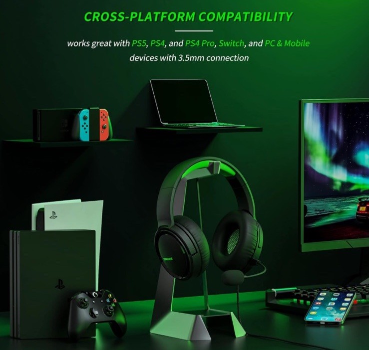 BINNUNE Wired Stereo Gaming Headset BG02 w/Microphone Black Green 3.5mm (READ)