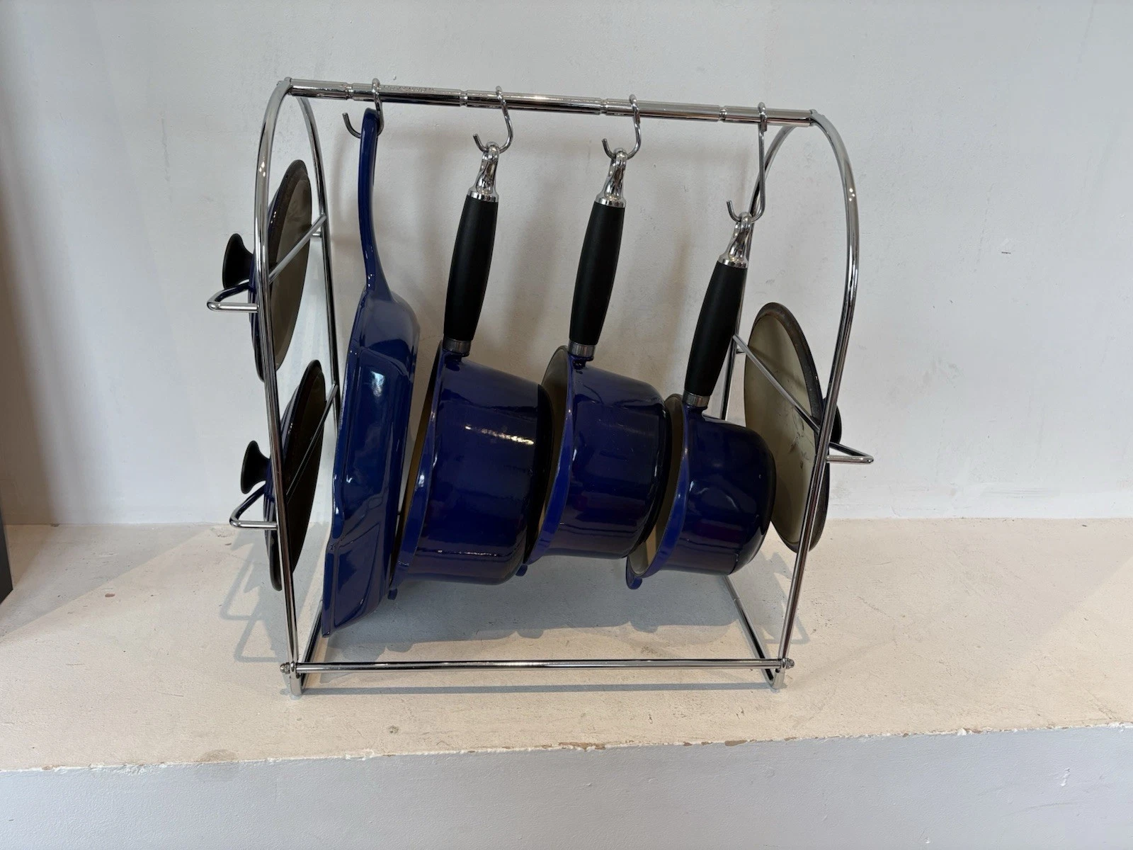 Blue Le Creuset Cast Iron Pans With Lids 16, 18, 20 & Skillet 26 + Hanging Frame