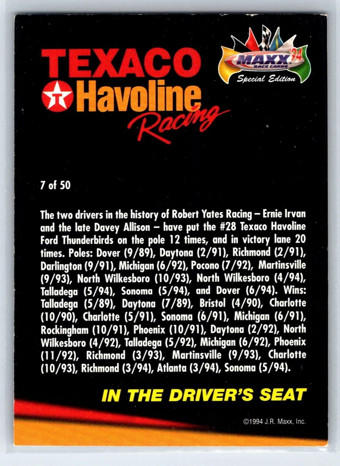 1994 Maxx Texaco Havoline Racing In the Drivers Seat Robert Yates Racing #7 - Image 2 of 2