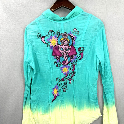 Love Junkie Blouse Womens Large Ganesha Elephant Ombre Embellished Gauze Long