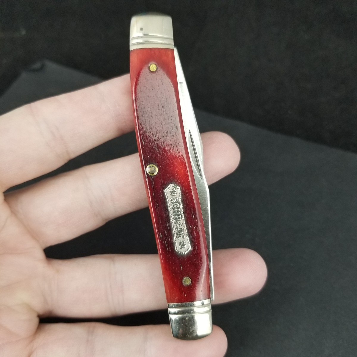 1983 Schrade 7801 USA pocket knife FACTORY CASTOFF? muskrat red