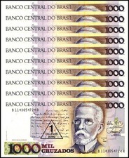Brazil 1 Cruzado Novo on 1000 Cruzados, 1989 ND, P-216b, UNC, Overprint X 10 PCS