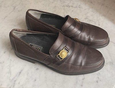 Size 5 Versace Brown Leather Slip-on Loafers Golden Medusa Buckle
