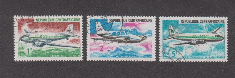 Central African Republic 1967. Beechcraft Baron Douglas DC-4. Sc# 93 - 95 CTO OG