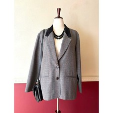 Alfred Dunner Vintage Gray Plaid Blazer Black Velveteen Collar 16P Oversized 90s