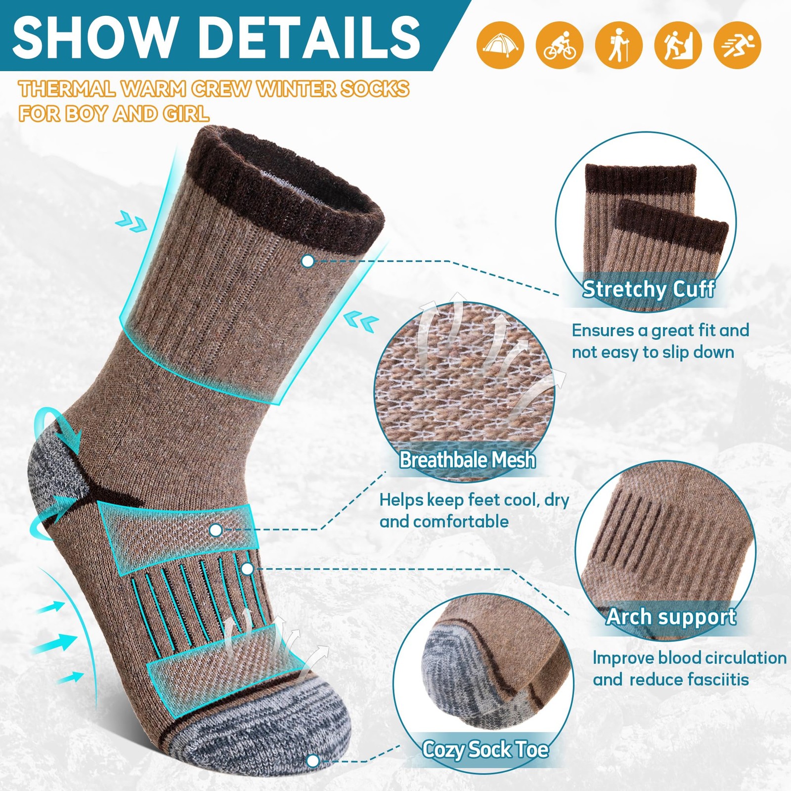 Kids Merino Wool Hiking Socks Toddlers Boys Girls Thermal Warm Winter Cushion