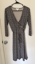 Ann Taylor LOFT Wrap Dress Geometric Black White Tie Long Sleeve Size 6