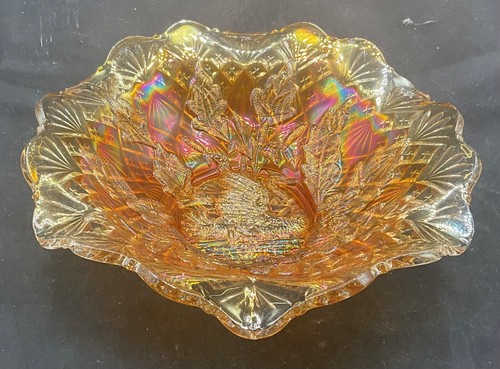 VINTAGE CARNIVAL MILLERSBURG RADIUM MARIGOLD NESTING SWAN RUFFLED BOWL - Picture 2 of 8