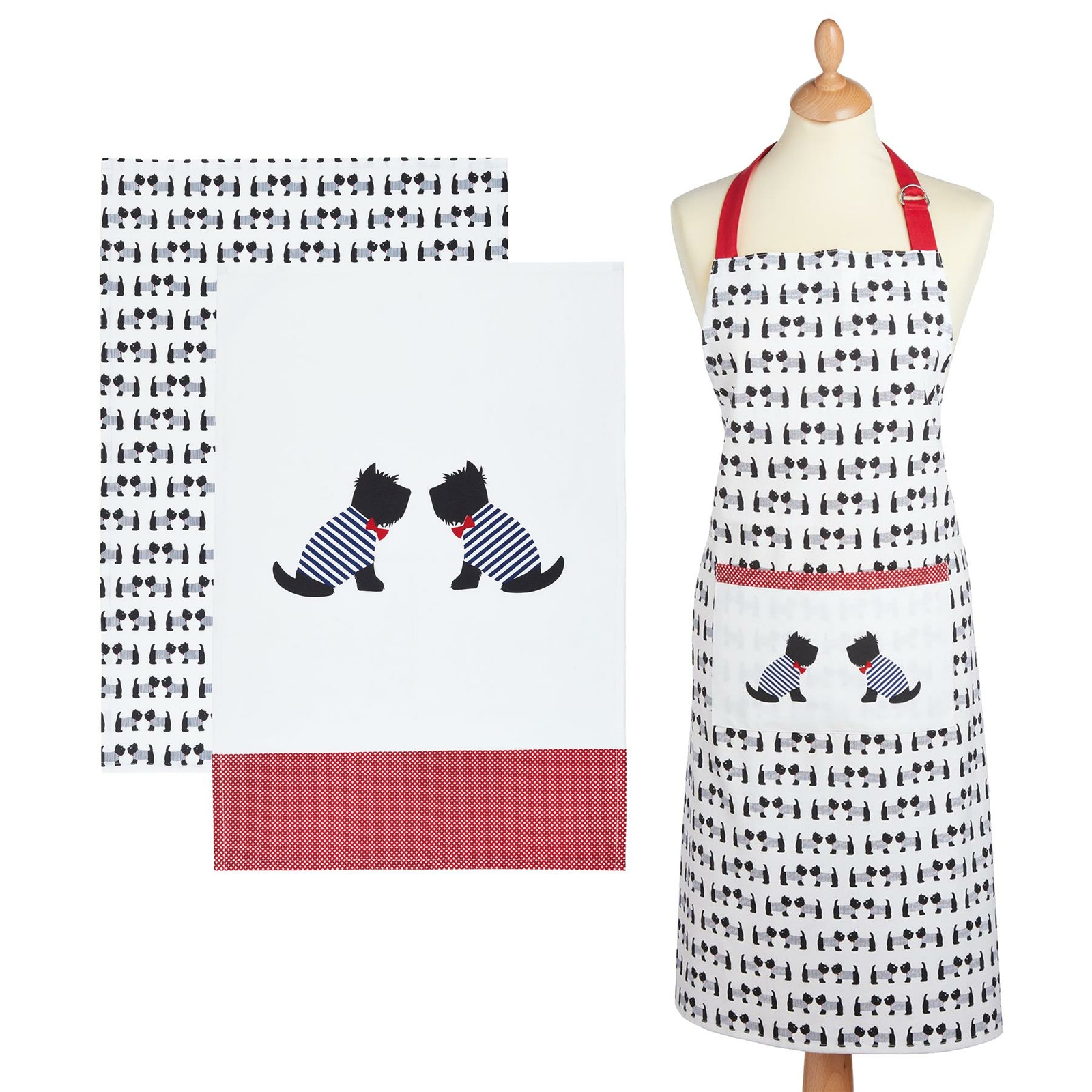 Kitchencraft Kitchen Apron & Tea Towels (2 Pack) - Westie Dog Print