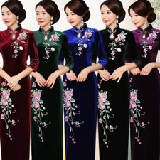 Ladies Floral Embroidered Velvet Cheongsam Qipao Dress Wedding Party Ball Gown