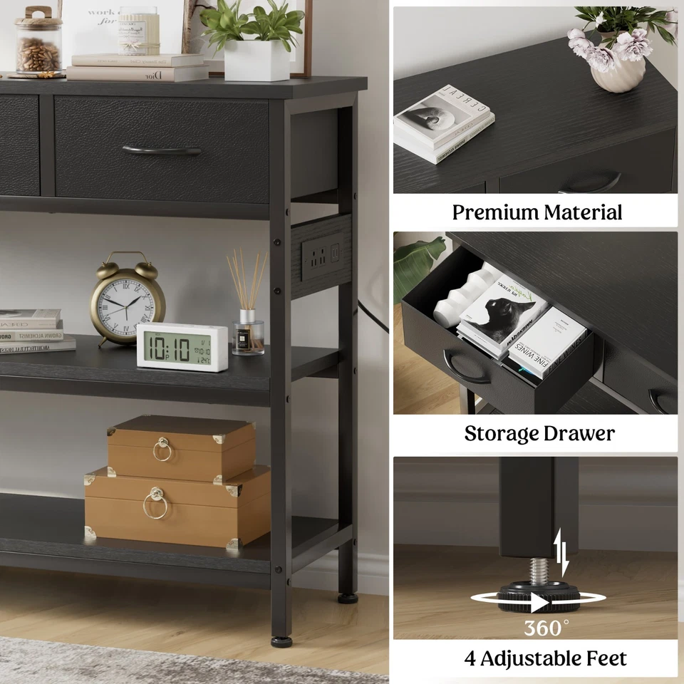 43.3" Console Table with Power Outlets 3 Drawers 2 Shelves Sofa Table Black - Image 4 of 4