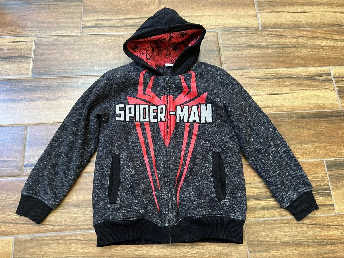 Marvel Gray Black Red Spider Man Zip Up Quilted Lined Hoodie Jacket Boys Medium