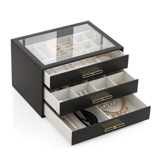 Jewelry Organizer with Drawer, Women & Men Jewelry Box with Glass Elegant Black-image