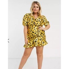 NEW! ASOS Curve Satin Mini Tea Dress Ruched Skirt Ditsy Yellow Floral Size 6